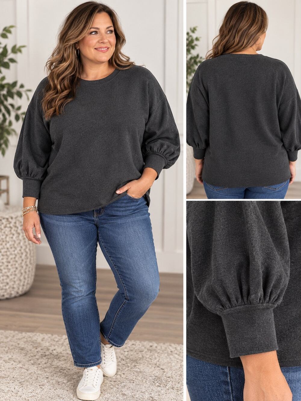 LOFT XL Charcoal Gray Balloon Sleeve Sweatshirt Cotton Blend Crewneck Pullover